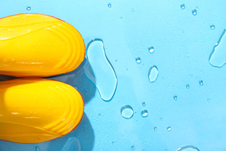 Yellow gumboots in water on blue background
