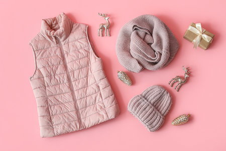 Composition with stylish female clothes, Christmas decorations and gift box on pink backgroundの写真素材