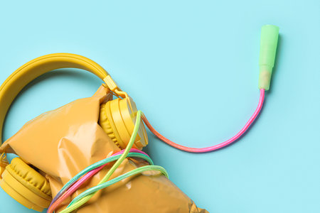 Healthy snack with modern headphones and skipping rope on color background, closeupの写真素材