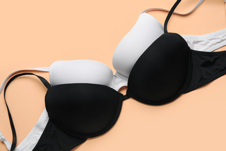 Stylish bras on color background, closeupの写真素材