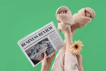 Young woman in soft slippers with gerbera flower and newspaper on green backgroundの写真素材