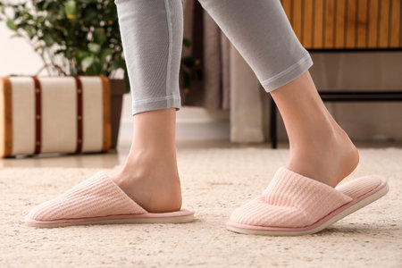 Young woman in soft slippers at home, closeupの写真素材