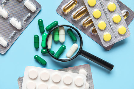 Magnifier with different pills on blue backgroundの写真素材