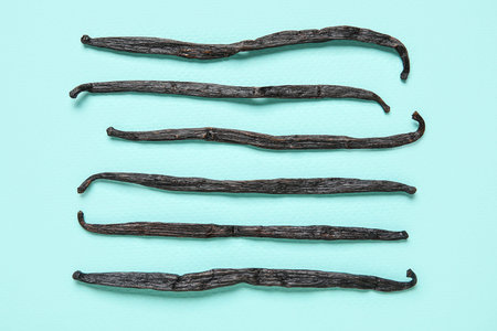 Aromatic vanilla sticks on blue background
