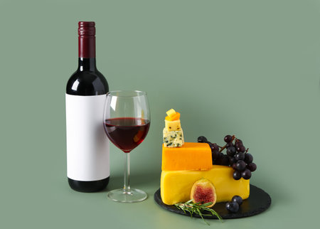Board with tasty cheese, grapes, bottle and glass of wine on green backgroundの写真素材