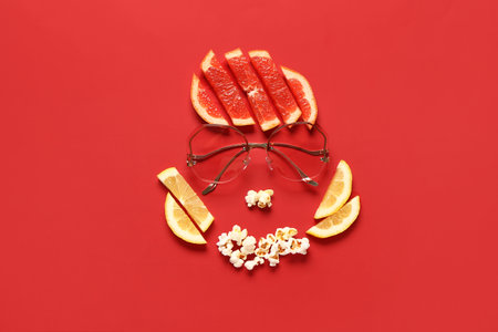 Funny face made of citrus fruits, popcorn and sunglasses on red backgroundの写真素材