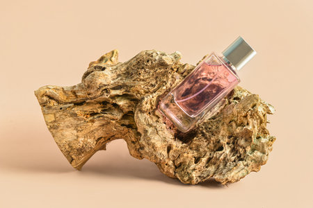 Pink bottle of perfume and tree bark on white backgroundの写真素材