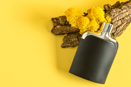Black bottle of perfume and tree bark on yellow backgroundの写真素材