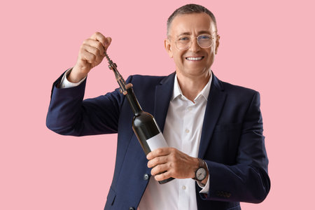 Mature man opening bottle of wine on pink backgroundの写真素材