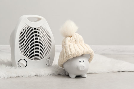Piggy bank with hat and electric fan heater near light wallの写真素材