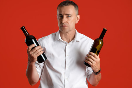 Mature man with bottles of wine on red backgroundの写真素材