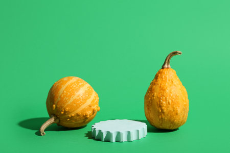 Decorative plaster podium and pumpkins on green backgroundの写真素材