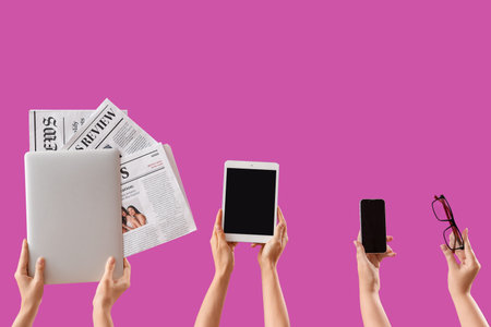 Women with modern gadgets, newspapers and eyeglasses on purple background