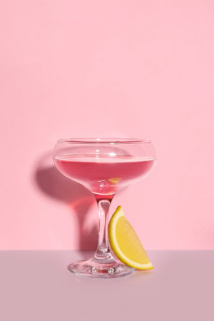 Glass of Cosmopolitan cocktail with lemon on color backgroundの写真素材