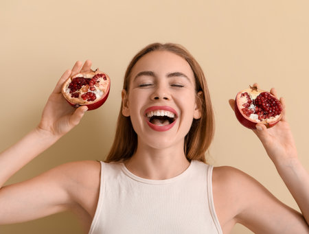 Happy young woman with pomegranate on beige background, closeupの写真素材