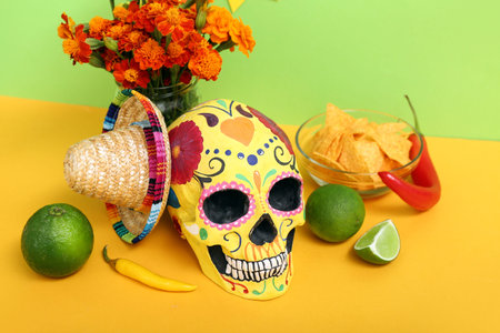 Mexican skull with marigold flowers and lime on yellow table against green background. Mexico's...