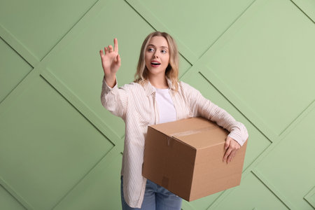 Young woman with cardboard box pointing at something on green backgroundの写真素材