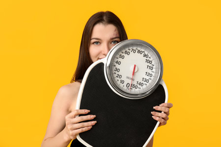 Beautiful young sporty woman with scales on yellow background. Weight loss conceptの写真素材