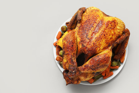 Plate with tasty roasted turkey and different vegetables for Thanksgiving day on white backgroundの写真素材