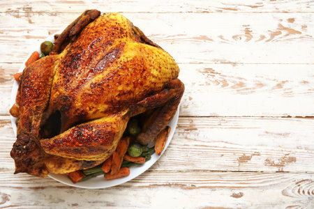 Plate with tasty roasted turkey and different vegetables for Thanksgiving day on white wooden backgroundの写真素材