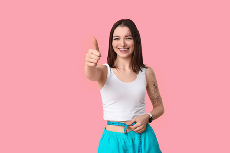 Beautiful young sporty woman with measuring tape showing thumb-up gesture on pink background. Weight loss conceptの写真素材