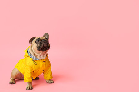 Cute French bulldog in raincoat on pink backgroundの写真素材