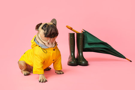 Cute French bulldog in raincoat with umbrella and gumboots on pink backgroundの写真素材