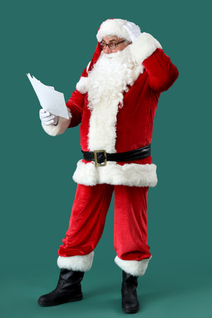Confused Santa Claus with letters on green backgroundの写真素材
