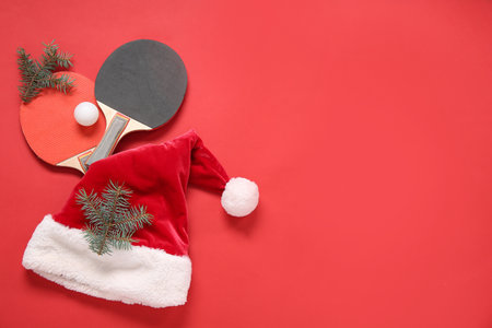 Table tennis equipment with Santa hat and Christmas tree branches on red backgroundの写真素材