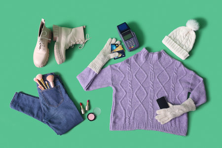 Winter clothes with accessories, payment terminal and credit cards on green backgroundの写真素材