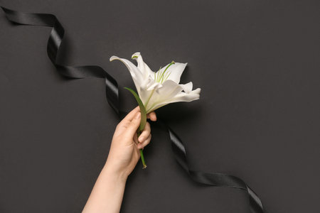 Female hand with beautiful lily flower and ribbon on black backgroundの写真素材