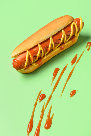 Tasty hot dog with mustard and ketchup on green backgroundの写真素材