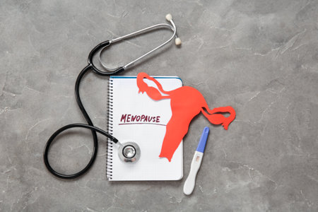Notebook with word MENOPAUSE, paper uterus, stethoscope and pregnancy test on grunge backgroundの写真素材