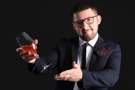 Young sommelier showing glass of wine on black backgroundの写真素材
