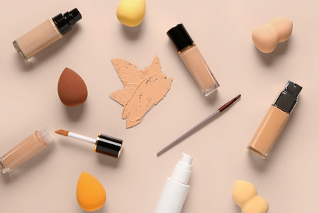 Bottles of makeup foundation with samples and sponges on beige backgroundの写真素材