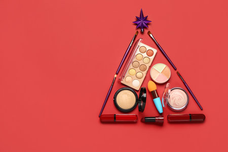 Christmas tree made of decor and makeup products on red backgroundの写真素材