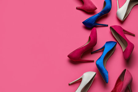 Different stylish high heels on pink backgroundの写真素材