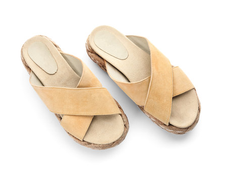 Stylish sandals on white backgroundの写真素材