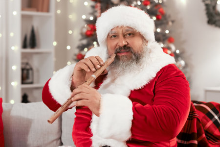 Santa Claus playing woodwind instrument at home on Christmas Eveの写真素材