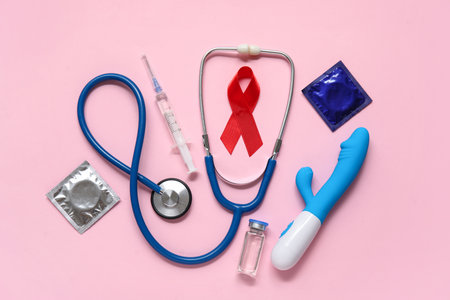 Red ribbon with stethoscope, condoms, vibrator and syringe on pink background. AIDS Day conceptの写真素材