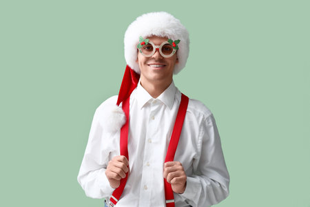 Santa Claus in Christmas glasses on green backgroundの写真素材