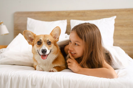 Little girl with cute Corgi dog showing silence gesture in bedroomの写真素材