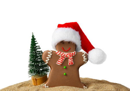 Gingerbread cookie with Santa hat and Christmas tree in heap of sand against white background