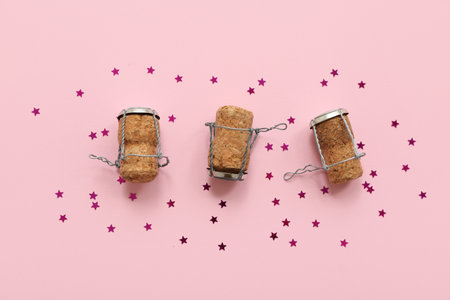 Champagne corks with Christmas decor on pink backgroundの写真素材