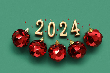 Composition with figure 2024 made of candles and beautiful Christmas balls on green background