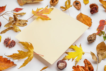 Beautiful autumn composition with blank card on white background