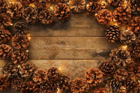 Frame made of pine cones with Christmas glowing lights on wooden background
