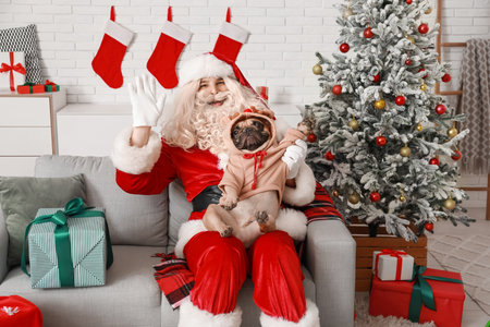 Santa Claus and cute French bulldog wearing pet clothes waving hand at home on Christmas Eveの写真素材