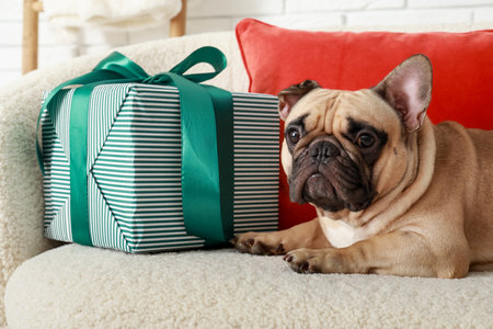 Cute French bulldog with Christmas gift on sofa at homeの写真素材
