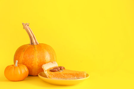 Plate with piece of delicious pumpkin tart on yellow backgroundの写真素材